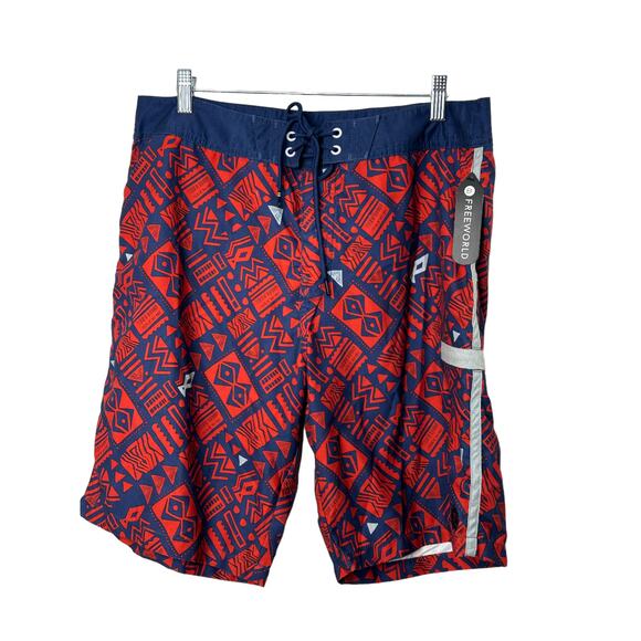 Zumiez Free World TIKI Red Navy & Gray Print Board Shorts Men's Size 34 NEW $40 - Picture 1 of 6